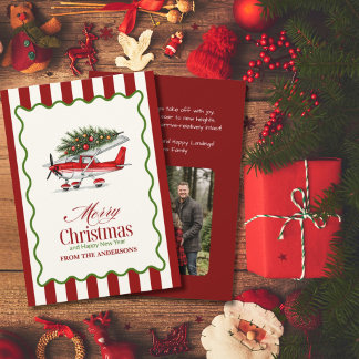 Vintage Aeroplane and Christmas Tree Photo Funny Holiday Card