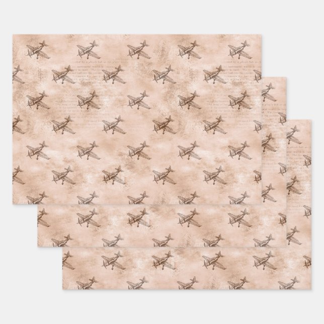 Vintage Aeroplane and Newsprint Wrapping Paper Sheet (Set)