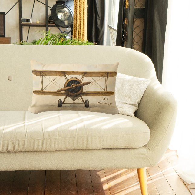 Vintage Aeroplane Antique Biplane Aviation Birthda Lumbar Cushion (Creator Uploaded)