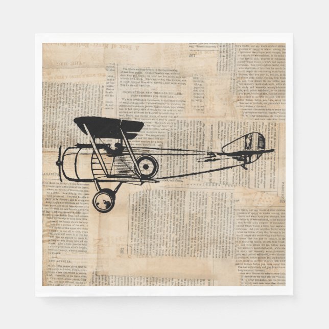 Vintage Aeroplane Antique Plane on Newspaper Text Napkin (Front)