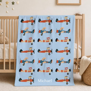 Vintage Aeroplane Aviator Baby Boy Custom Nursery  Fleece Blanket