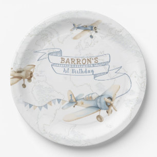 Vintage Aeroplane Aviator Pilot 1st Birthday Paper Plate