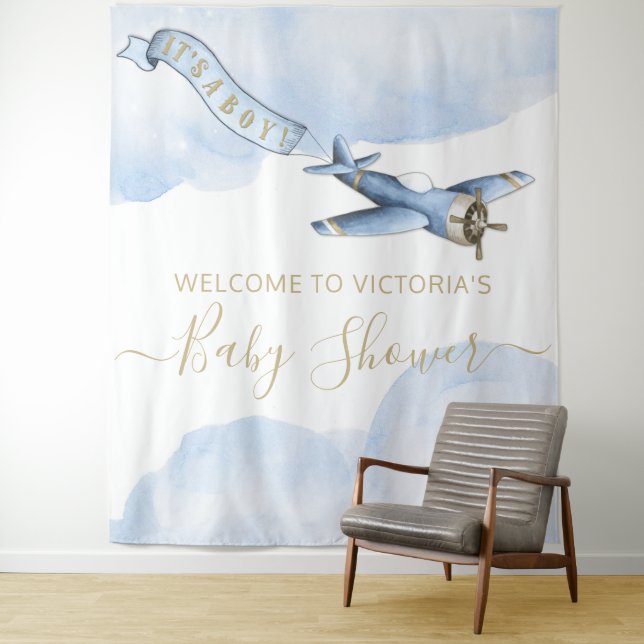 Vintage Aeroplane Baby Shower Backdrop XL Tapestry (In Situ)