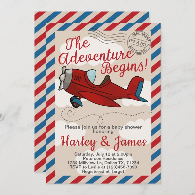 Vintage Aeroplane Baby Shower Invitation Invite (Front/Back)