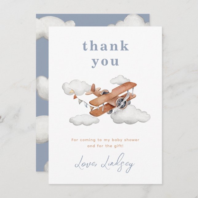 Vintage Aeroplane Baby Shower Thank You Card  (Front/Back)