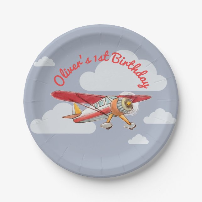 Vintage Aeroplane Birthday Paper Plate (Front)