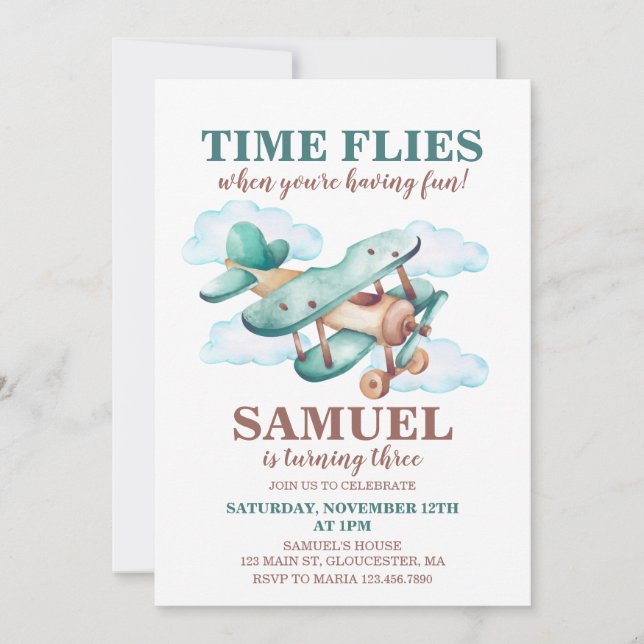 Vintage Aeroplane Birthday Party Time Flies Invitation (Front)