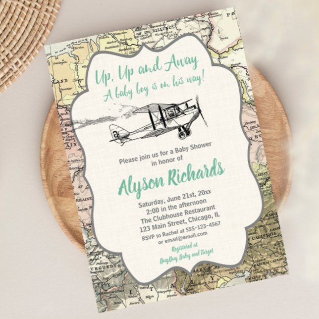 Vintage aeroplane boy baby shower travel map invitation (Creator Uploaded)