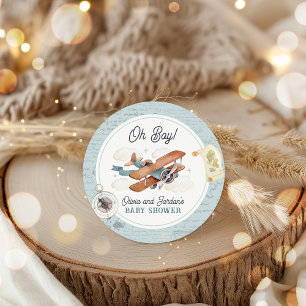 Vintage Aeroplane Boy Travel Baby Shower Favour Classic Round Sticker