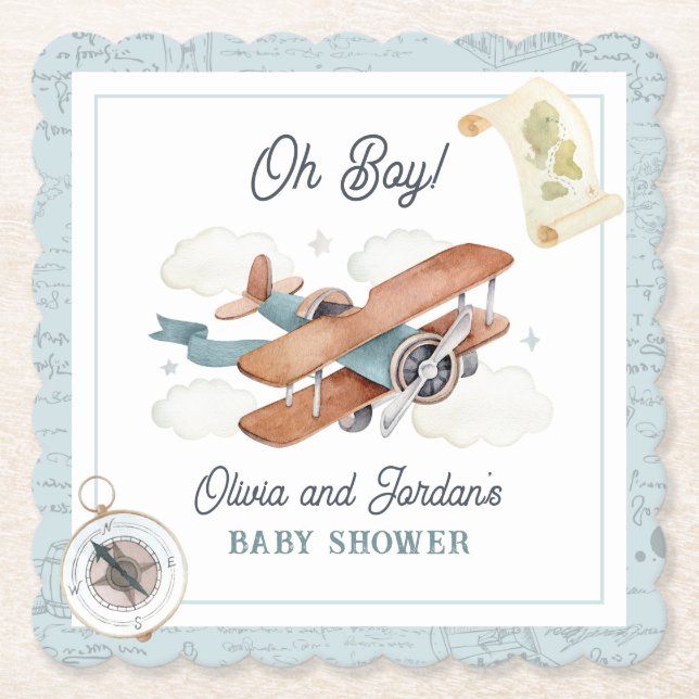 Vintage Aeroplane Boy Travel Baby Shower Paper Coaster (Front)