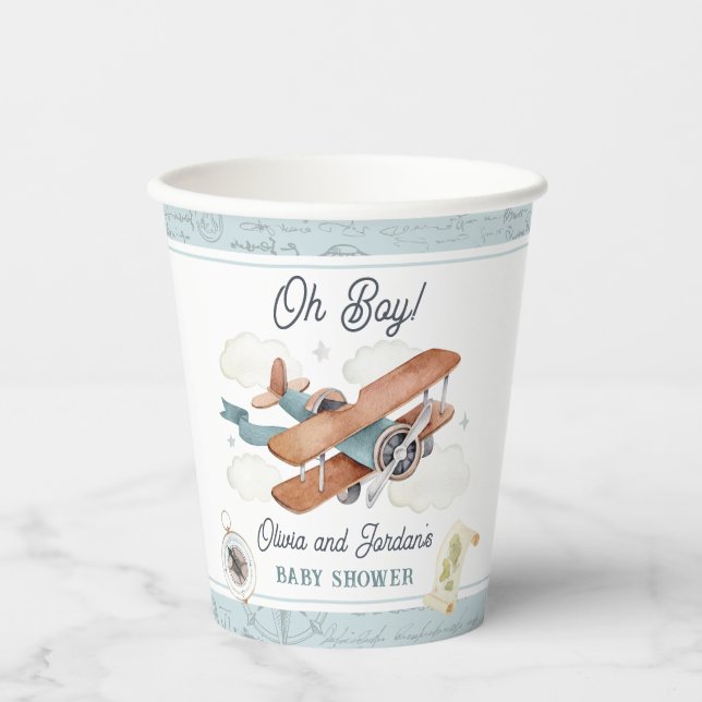 Vintage Aeroplane Boy Travel Baby Shower Paper Cups (Front)