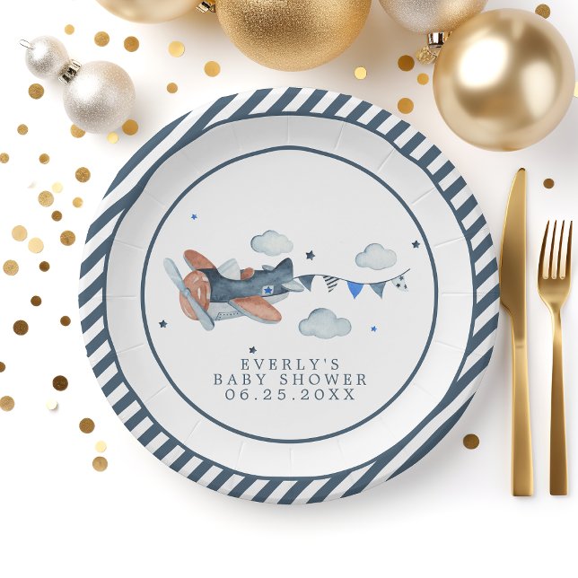 Vintage Aeroplane Clouds Baby Shower Paper Plate (Creator Uploaded)