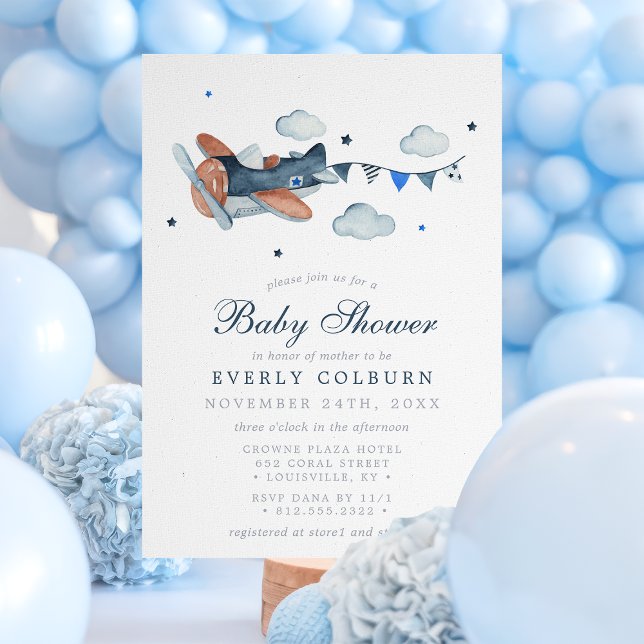 Vintage Aeroplane Clouds Boy Baby Shower Invitation (Creator Uploaded)