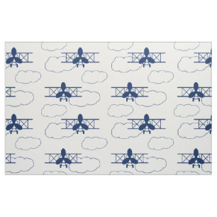Vintage Aeroplane Clouds Navy Blue Fabric