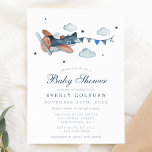 Vintage Aeroplane Clouds Watercolor Boy Baby Showe Invitation<br><div class="desc">Vintage Aeroplane Clouds Watercolor Boy Baby Shower Invitation. This design features an adorable vintage aeroplane and features a navy blue background. Personalise this custom design with your own text and details.</div>
