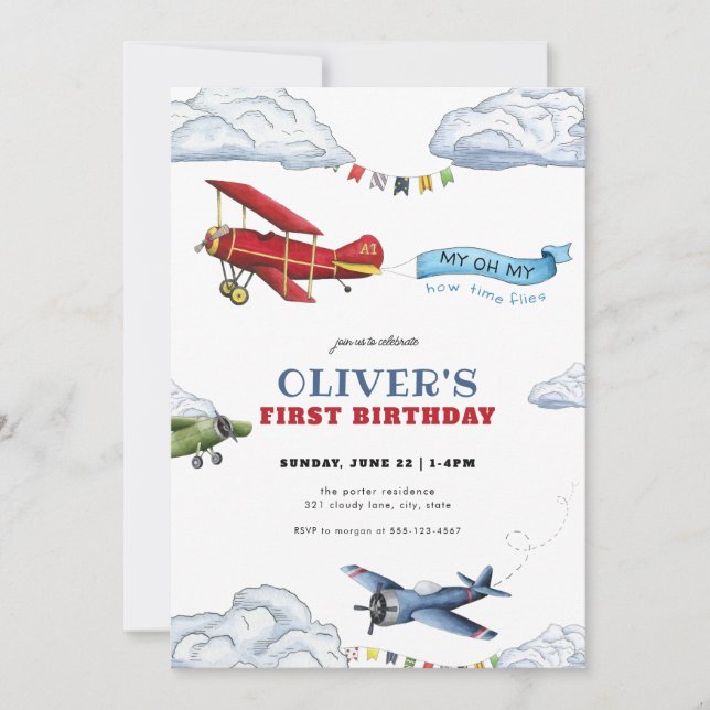 Vintage Aeroplane First Birthday Invitation (Front)