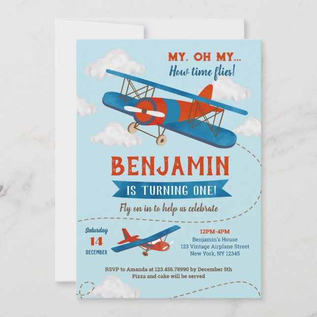 Vintage Aeroplane First Birthday Party Invitations (Front)