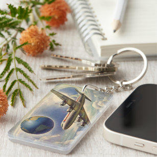 Vintage Aeroplane Flying Around the World in Cloud Key Ring