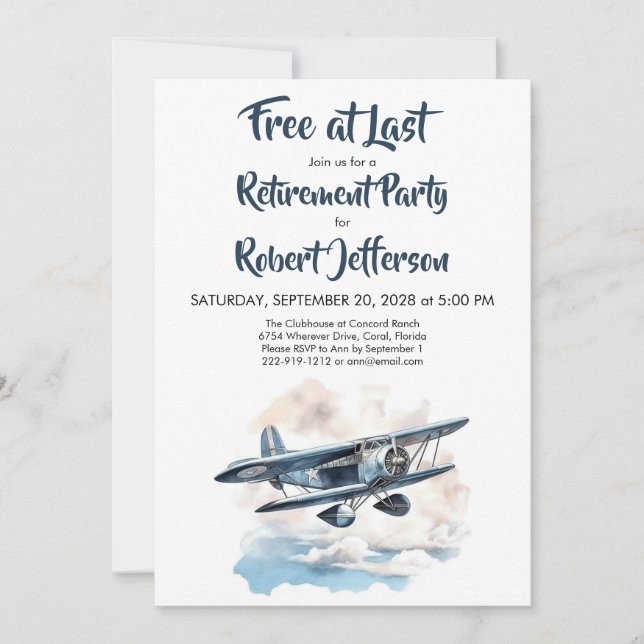 Vintage Aeroplane Free at Last Blue Retirement Invitation (Front)