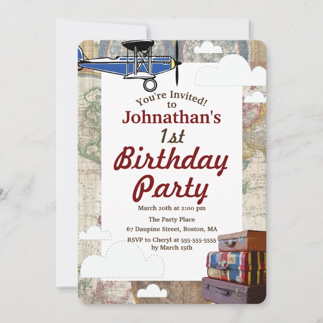 Vintage Aeroplane & Luggage World Travel Birthday Invitation (Front)