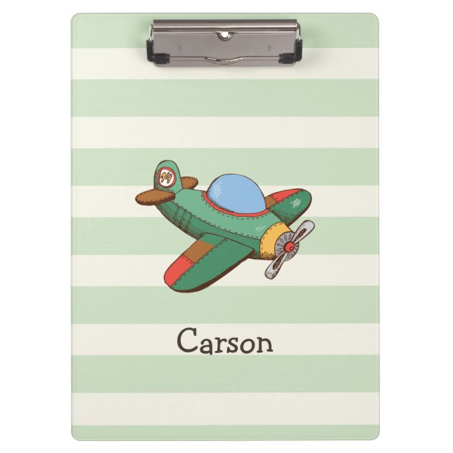 Vintage Aeroplane on Pastel Green Stripes Clipboard (Front)