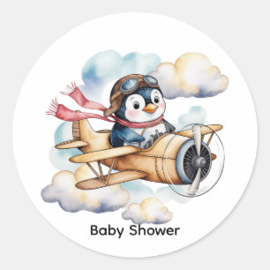 Vintage Aeroplane Penguin Boy Baby Shower Classic Round Sticker