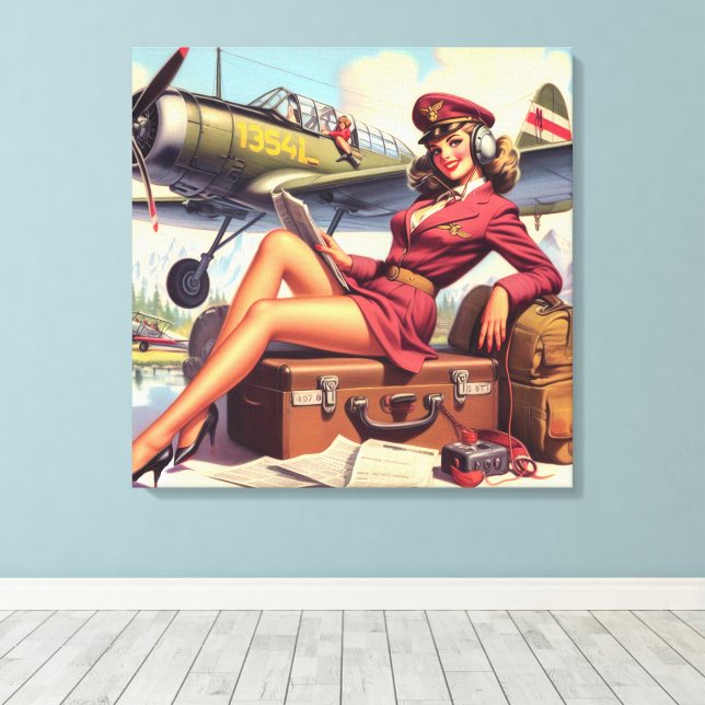 Vintage Aeroplane Pin-Up Illustration Canvas Print (Insitu(Wood Floor))