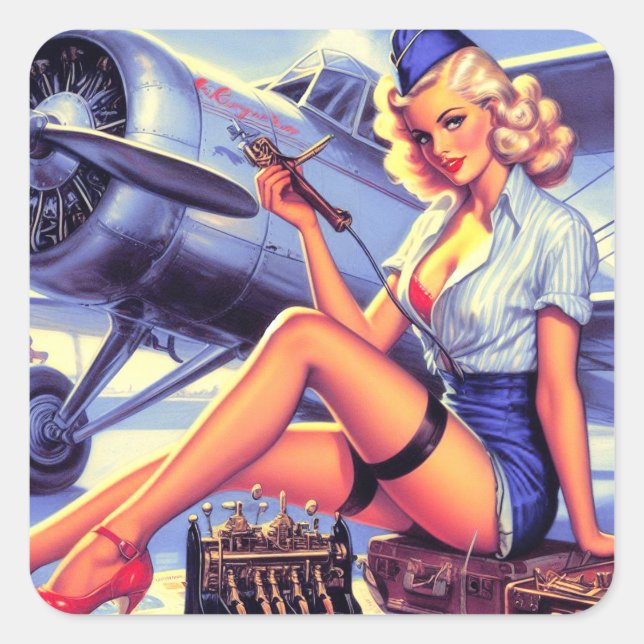 Vintage Aeroplane Pin-up Square Sticker (Front)
