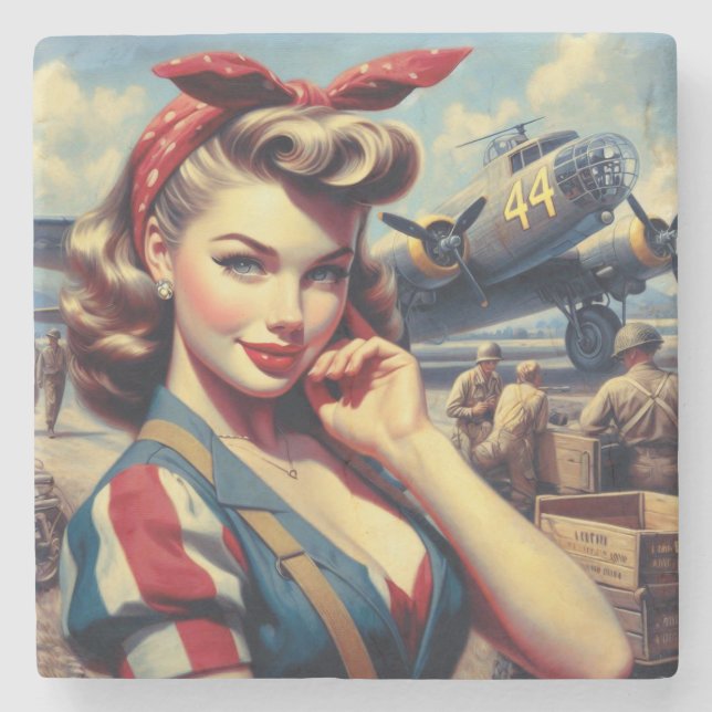 Vintage Aeroplane Pin Up Stone Coaster (Front)