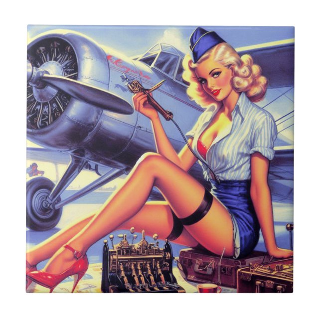 Vintage Aeroplane Pin-up Tile (Front)