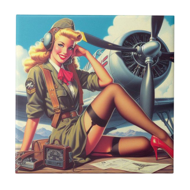 Vintage Aeroplane Pin-Up Tile (Front)