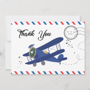 Vintage Aeroplane Plane Blue Baby Shower  Thank Yo You Card