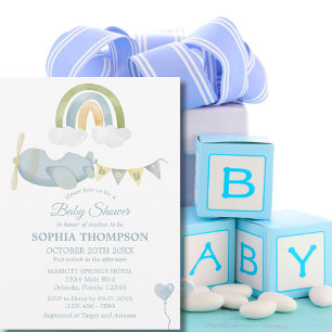 Vintage Aeroplane Rainbow Clouds Boy Baby Shower Invitation