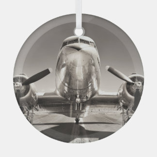 Vintage Aeroplane Runway Scene Glass Tree Decoration