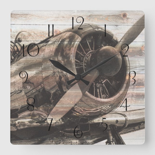 Vintage Aeroplane Square Wall Clock (Front)