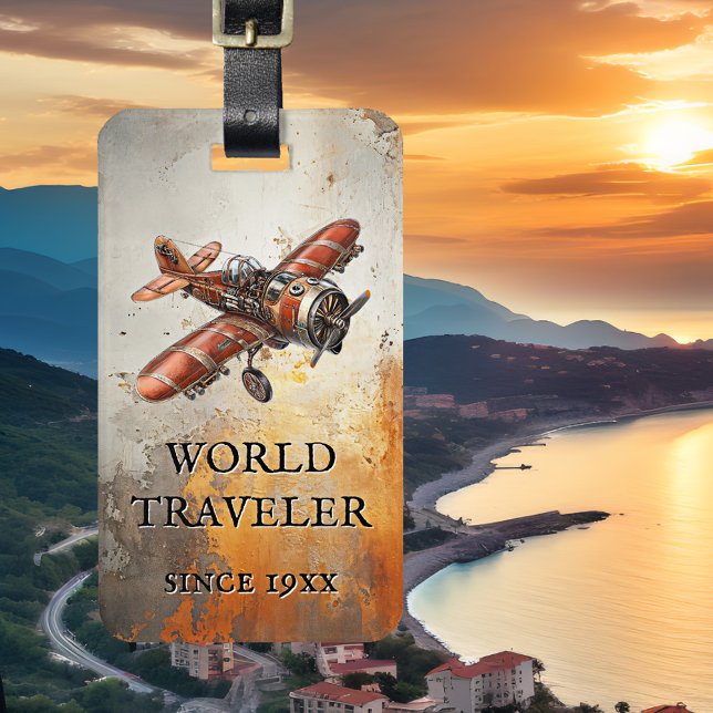 Vintage Aeroplane Steampunk Luggage Tag (Luggage tag featuring a vintage steampunk airplane on a grunge artistic background - world traveler)