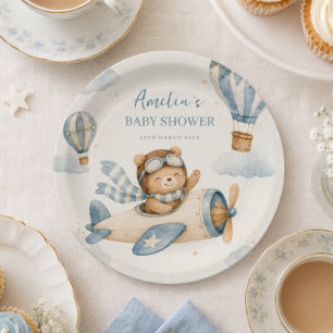 Vintage Aeroplane Teddy Bear Baby Shower Paper Plate