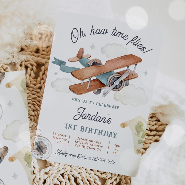 Vintage Aeroplane Time Flies Travel 1st Birthday Invitation (Creator Uploaded)