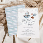 Vintage Aeroplane Travel Adventure Baby Shower Invitation<br><div class="desc">Celebrate the mum-to-be with this blue and tan vintage travel themed baby shower invitation featuring a watercolor illustration of a cute hippo in an aeroplane with balloons,  clouds and stars and a blue striped reverse side.</div>