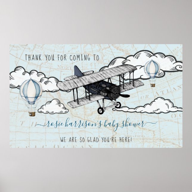 Vintage Aeroplane | Travel Baby Shower Welcome  Poster (Front)
