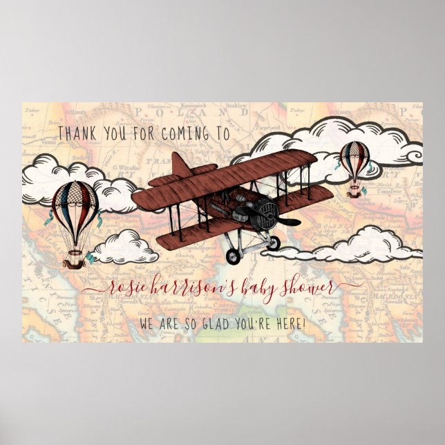 Vintage Aeroplane | Travel Baby Shower Welcome  Poster (Front)