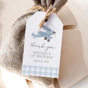 Vintage Aeroplane Travel Blue Gingham Birthday Gift Tags