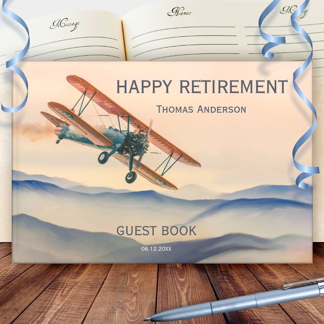 Vintage Aeroplane Travel Retirement Guest Book (Retro retirement guest book featuring a painting of a vintage airplane on a hilly landscape)