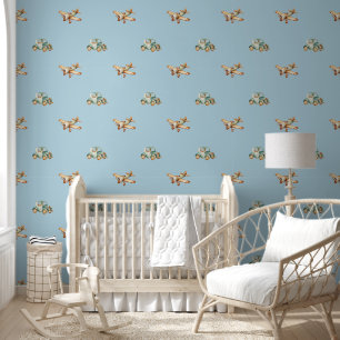 Vintage Aeroplanes and Cars Pattern Baby Nursery Wallpaper
