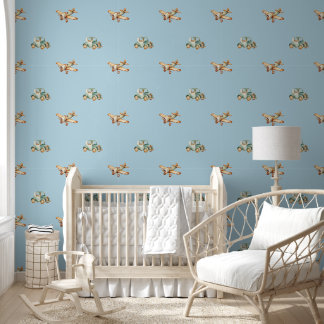 Vintage Aeroplanes and Cars Pattern Baby Nursery Wallpaper