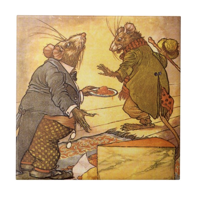 Vintage Aesop's Fable, Country Mouse, City Mouse Tile (Front)