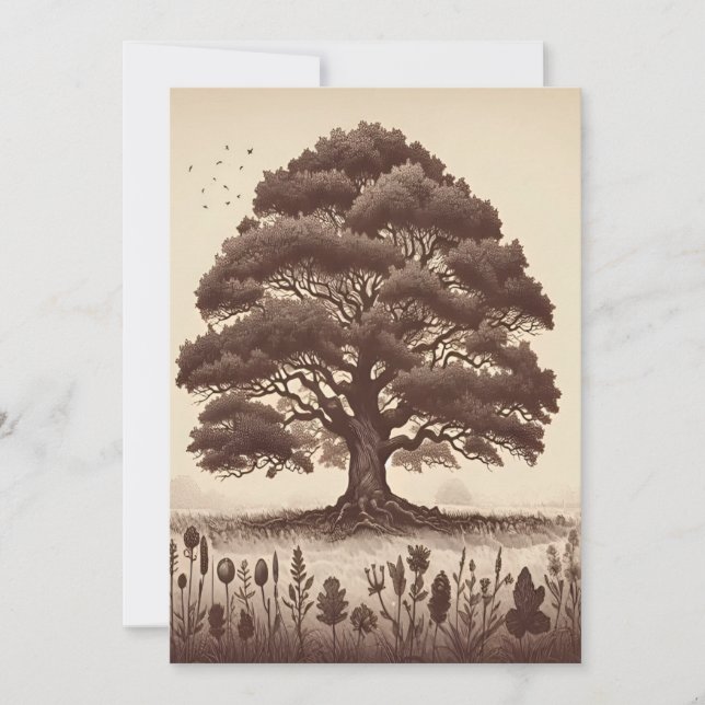 Vintage Aesthetic Oak Tree Line Drawing Holiday Card (Front)