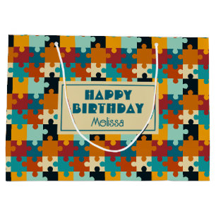 Vintage Aesthetic Puzzle Pieces Pattern Birthday Large Gift Bag