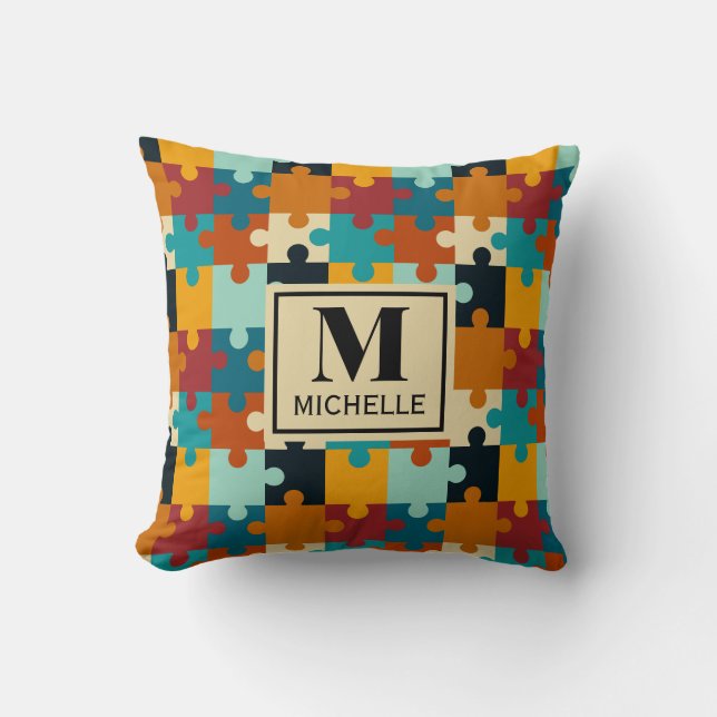 Vintage Aesthetic Puzzle Pieces Pattern Monogram Cushion (Front)