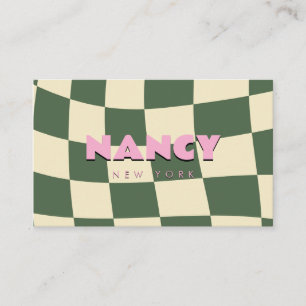 Vintage Aesthetic Wavy Chequerboard Pink Green Business Card